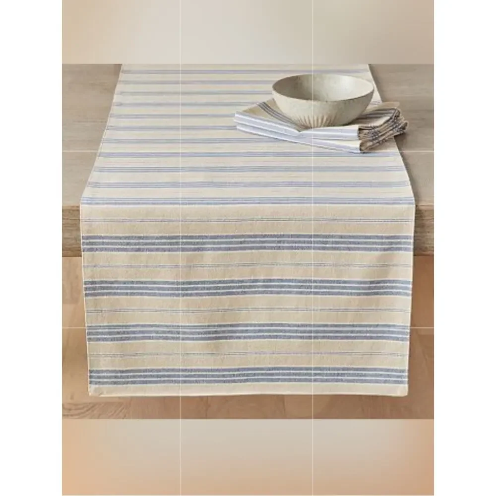 Pottery Barn Colette Stripe Blue Tan Cotton / Linen Table Runner Dining Room NWT